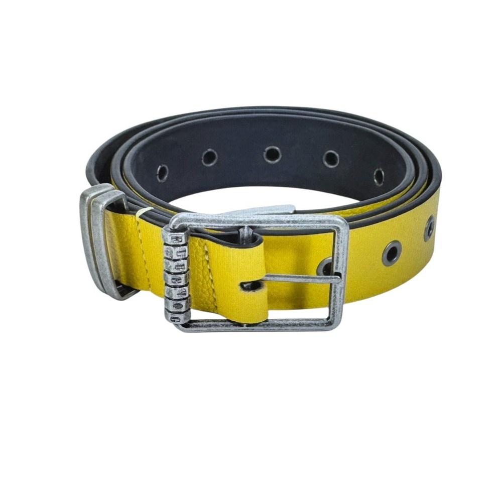John Fluevog Yellow and Black Reversible Leather Belt with Silver Buckle